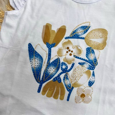 Conj. Blusa Flores e Short com Strass - Branco e Azul